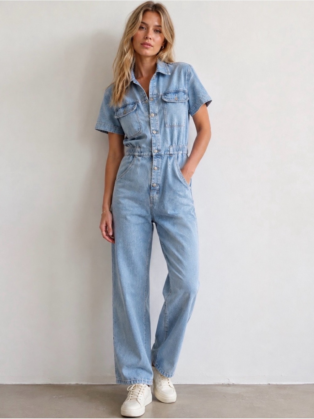 Free People We The Free Denim Jumpsuit Short Sleeve Coverall Blue Large L